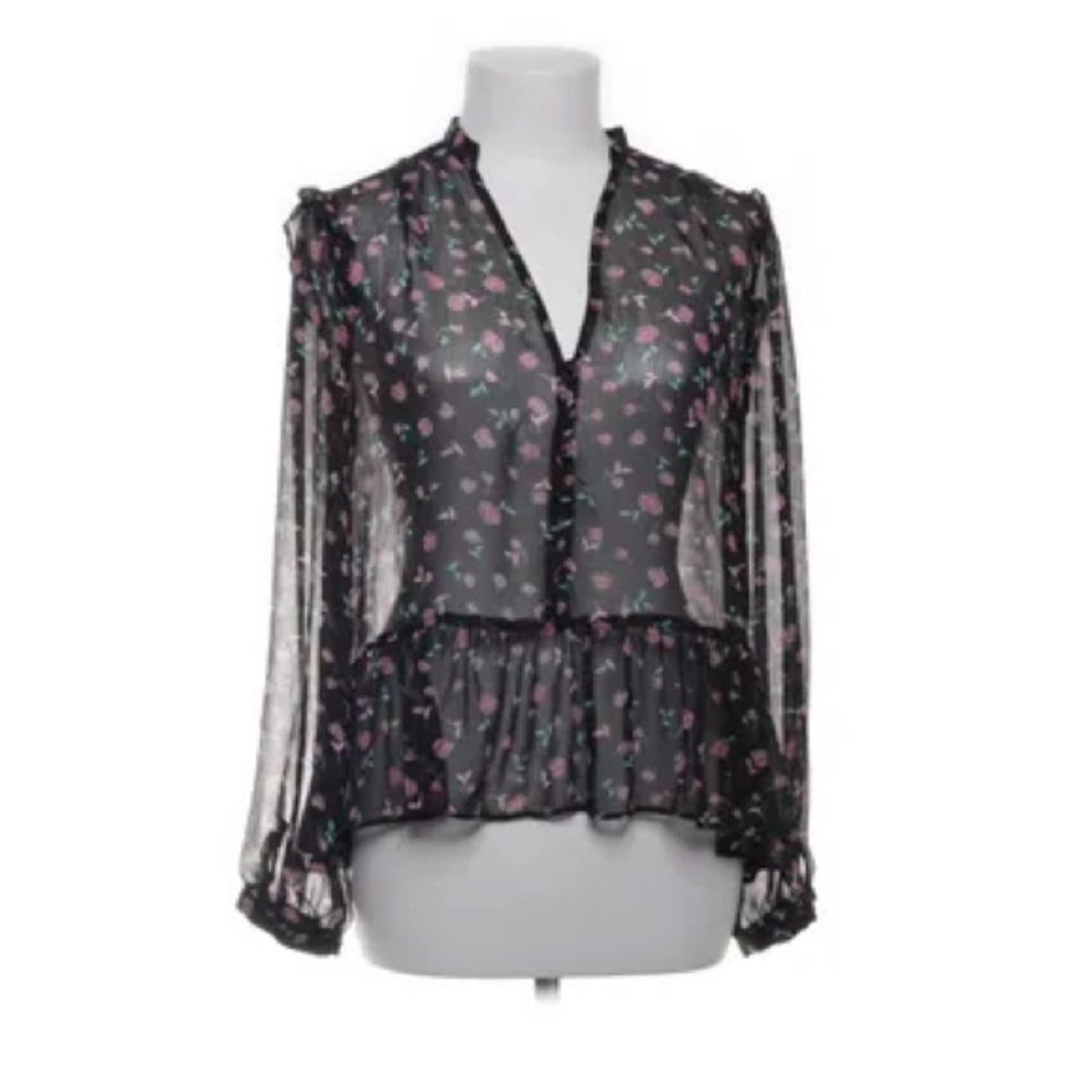 Zara z1975 Denim - Black and Pink Sheer Blouse with Glitter Pin Stripes